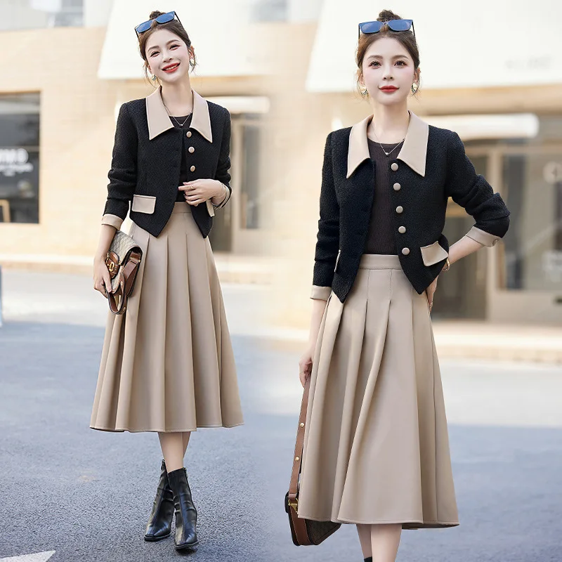 レディースカラーブロックツーピースラペルジャケット+PUレザースカート 2025年春夏新作 小香風セット