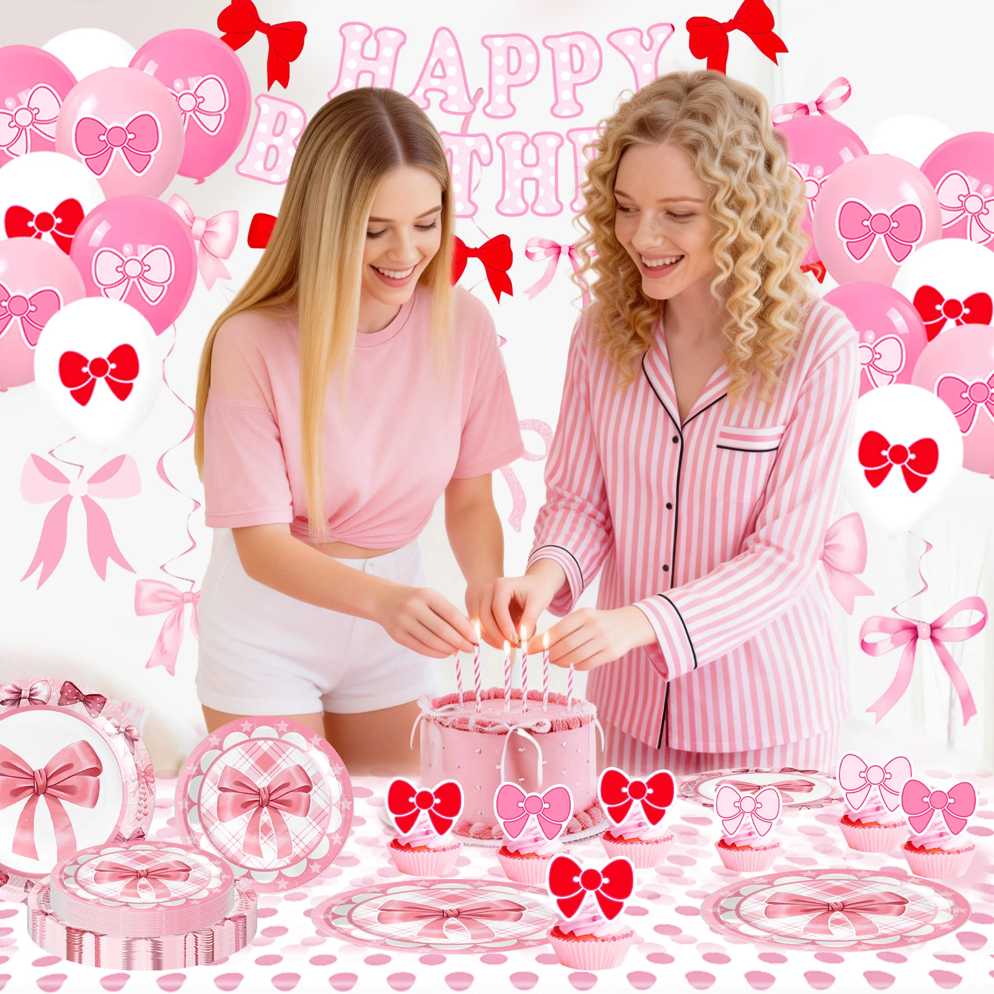 

Pink Bow Birthday Decorations Include Plates, 94PCS Napkins, Cups, Cutlery, Banner, Hanging Swirls, Cake & Cupcake Toppers, Ball