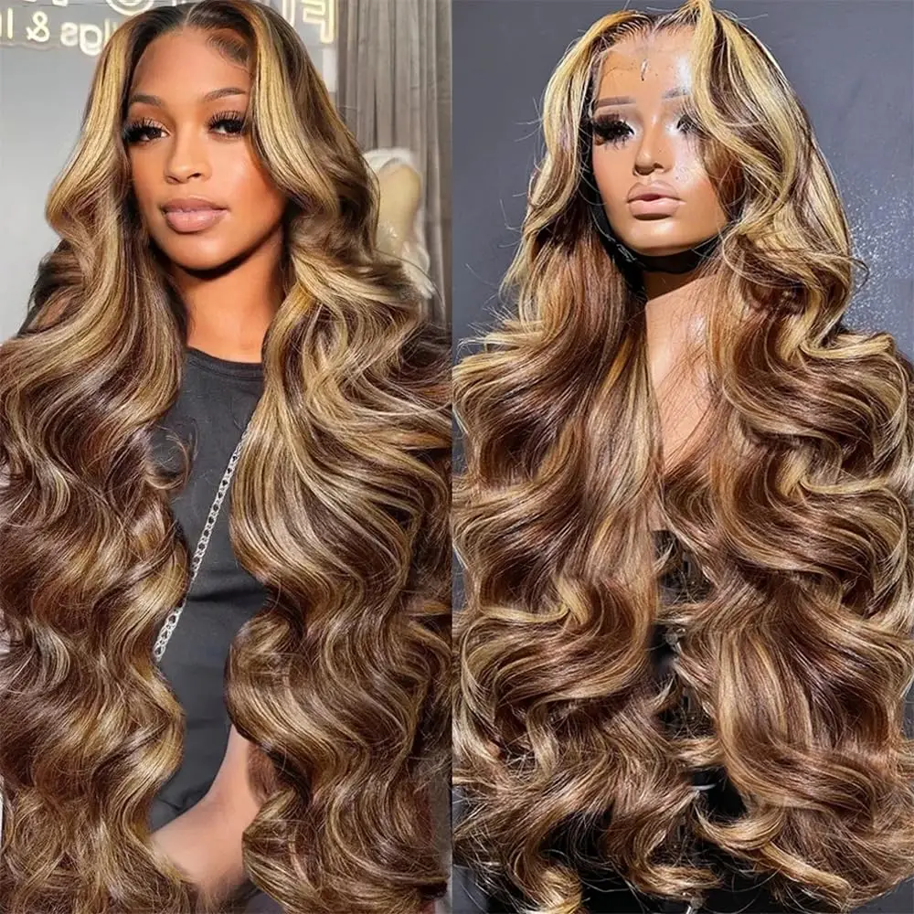 Body Wave Highlight Honey Brown Deep Wave 13x4 Transparent Lace Front Human Hair Wigs Human Hair Straight 4/27 Lace Frontal Wigs