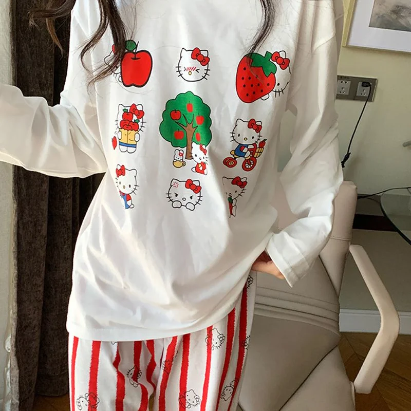 

Sanrio новый пижамный комплект Hello Kitty Kawaii, брюки с длинными рукавами, хлопковые пижамы для девочек, летние удобные пижамные комплекты с длинными рукавами