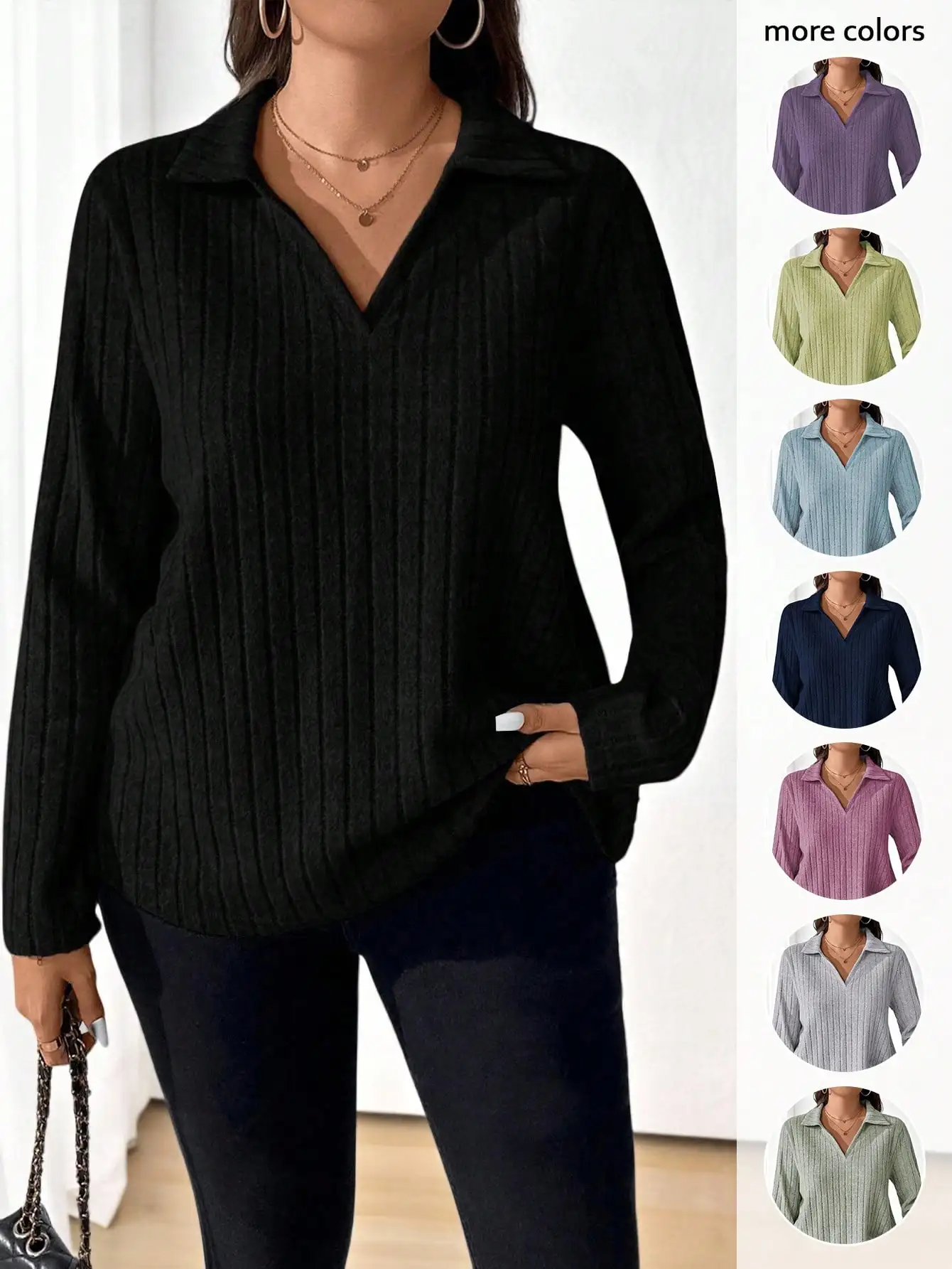 

Plus Size Women's Ribbed Long Sleeve Turn-Down Collar Casual Top, Autumn Fall Fashion