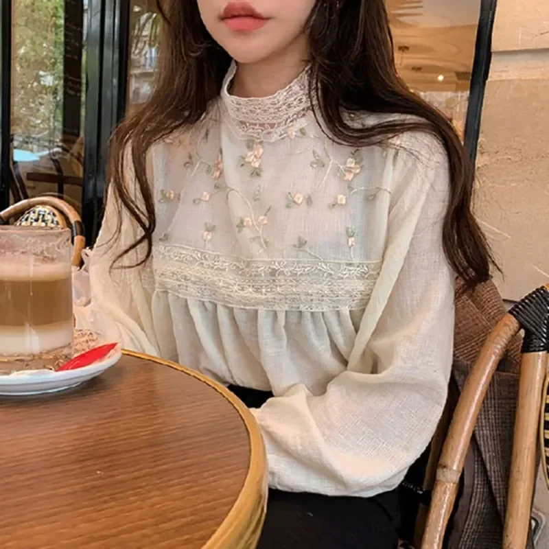 Vintage Chiffon Woman Shirt Tops Retro Embroidery Flower Loose Casual Versatile France Chic Shirts Blusas Camisa Femenina