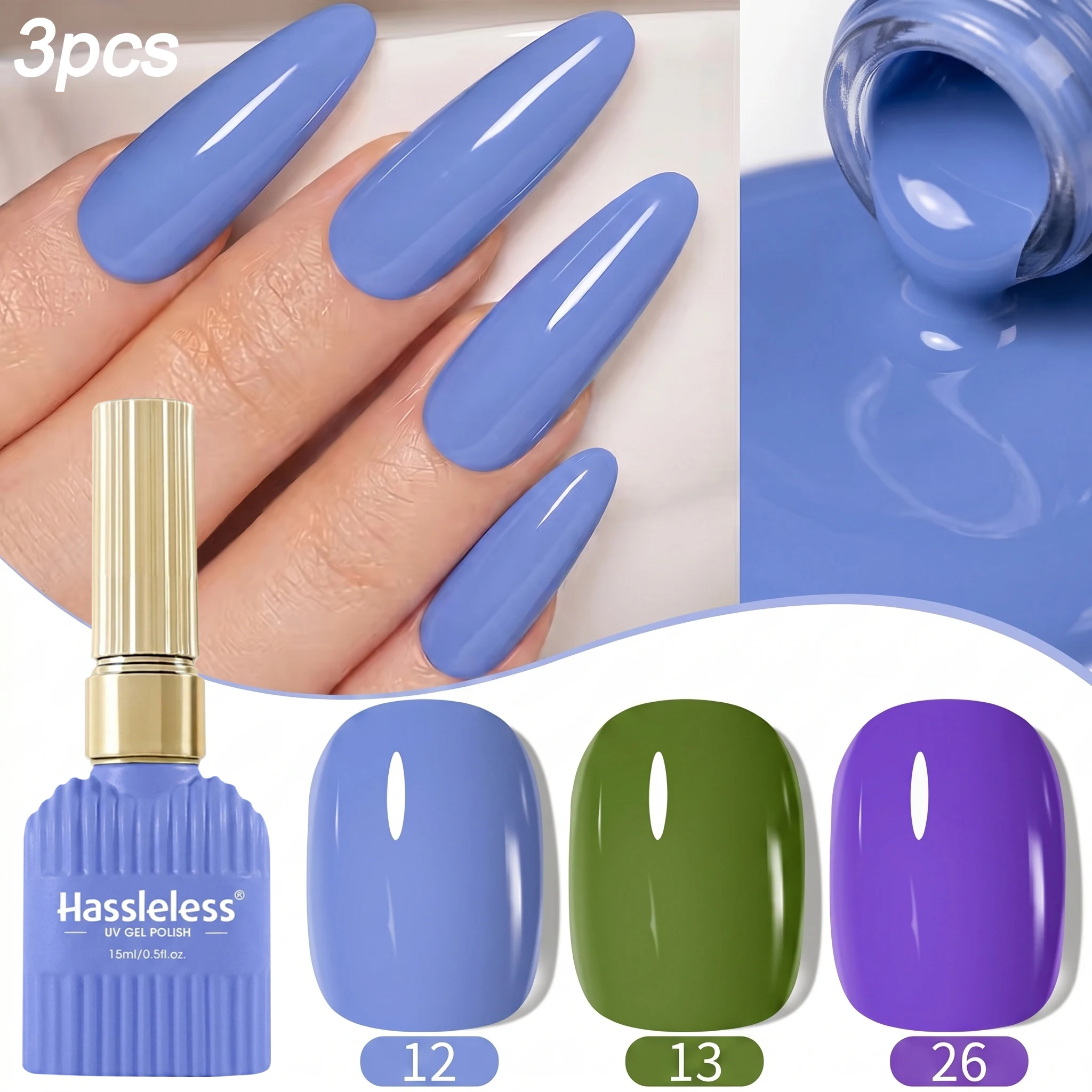 Hassleless 3Pcs Blue, Green, and Purple Color-Blocking Nail Polish Gel Set, Salon DIY Nail Art, Long-Lasting Shine, Nail Art Gel, Removable Nail Gel, Create Various Fingertip Styles, Essential Nail Art Kit for Beginners, DIY Holiday Gift for Women