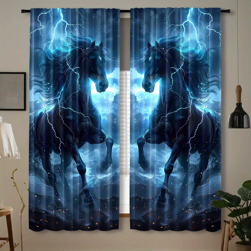 Cool Lightning Stallion Curtain 2 Panels, Dark Galloping Horse Thunder Cloud Blue Tone Print, Curtains Decor Room Gothic Curtain