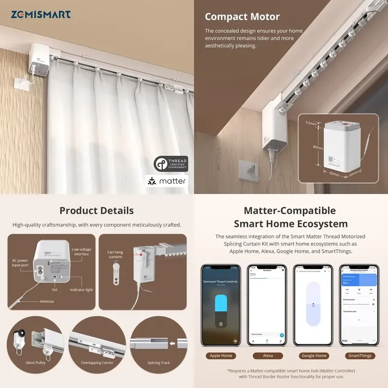 

Zemismart Matter Thread Motorized Splicing Curtain Kit Slide Mini Smart Curtain Motor Track Work with Homekit Alexa google