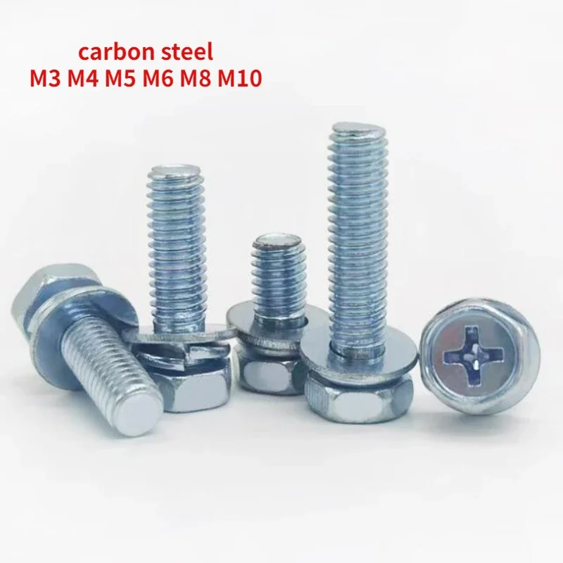 10-200pcs M3 M4 M5 M6 M8 M10 Cross Slot Hexagon Head Screws Spring Pad Washer Three Combinations Screw Blue and White Zinc