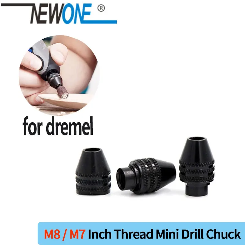 M8 / M7 inch thread mini drill chuck fitting for Dremel rotary tool, holding three jaw chucks ranging from 0.5 mm to 3.2mm