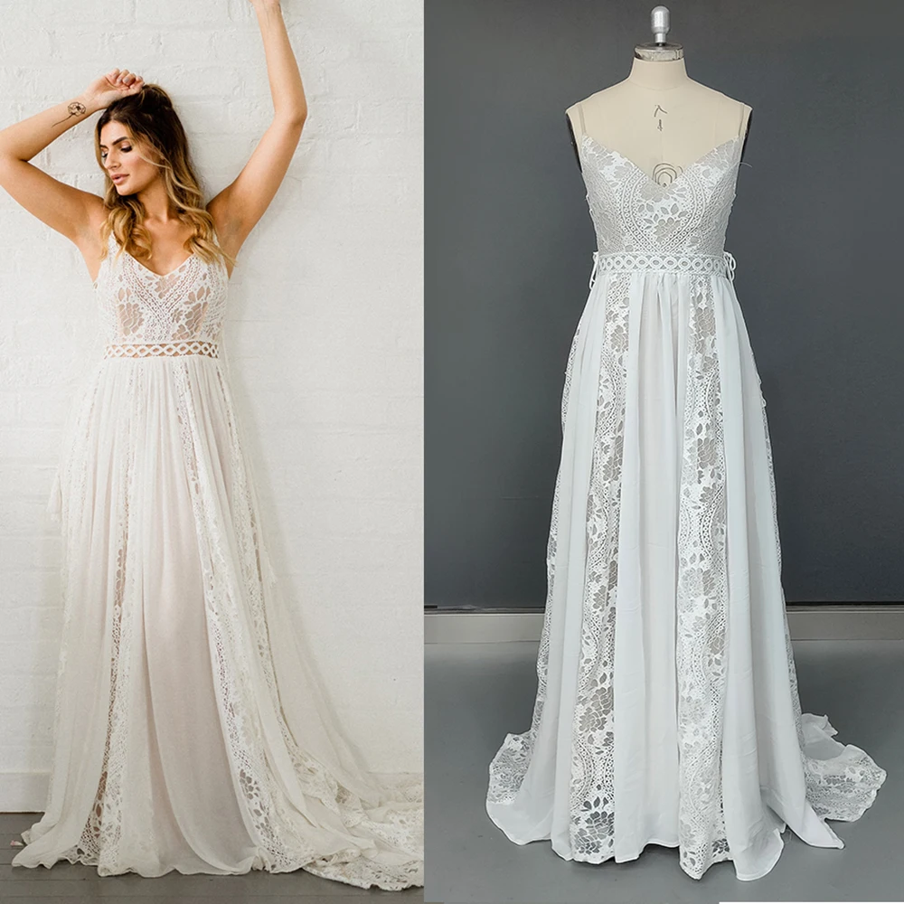 Spaghetti Straps Cutout Lace Wedding Dress Customized Backless Drop Ship Boho Elopement A Line Chiffon V Neck Bridal Gowns