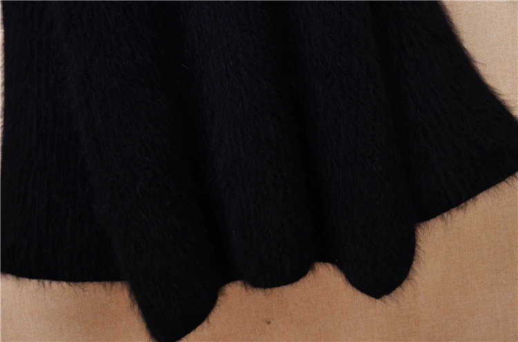 Female Women Spring Autumn Clothing Black Hairy Plush Mink Cashmere Knitted O-Neck Long Flare Sleeves Angora Fur Sweater Jumper