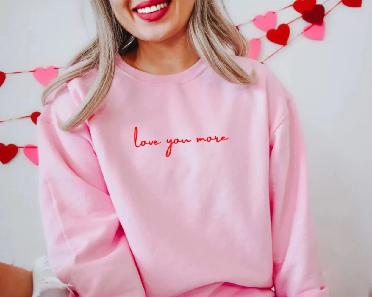 

Love You More Valentine's Day Sweatshirt Harajuku Fashion Coquette Aesthetic Kawaii Basics Pullover Womens Cute Crewneck Shirt