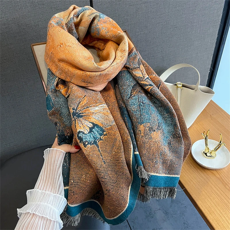 

Butterfly Flower Print Designer Winter Women Scarf Cashmere Thicken Warm Shawl Pashmina Scarves Poncho Wrap Ladies Luxury