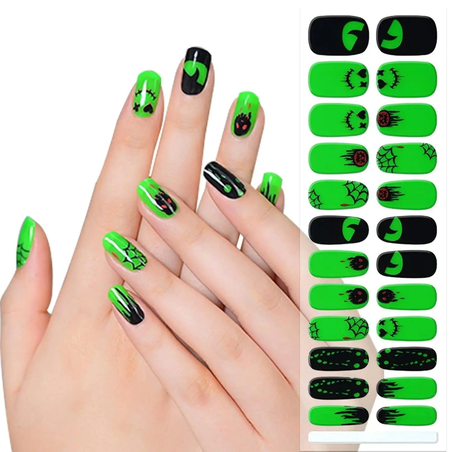 شرائط أظافر جل الهالوين المضيئة ذات 24 طرفًا - الشبح الأخضر والعنكبوت، معالجة بالأشعة فوق البنفسجية/LED، جودة الصالون، سهلة الاستخدام والإزالة