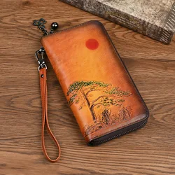 Johnature Handmade Embossed Cowhide Women Hand Wallets 2024 New Vintage Long Purse Genuine Leather Wallet Card Holder