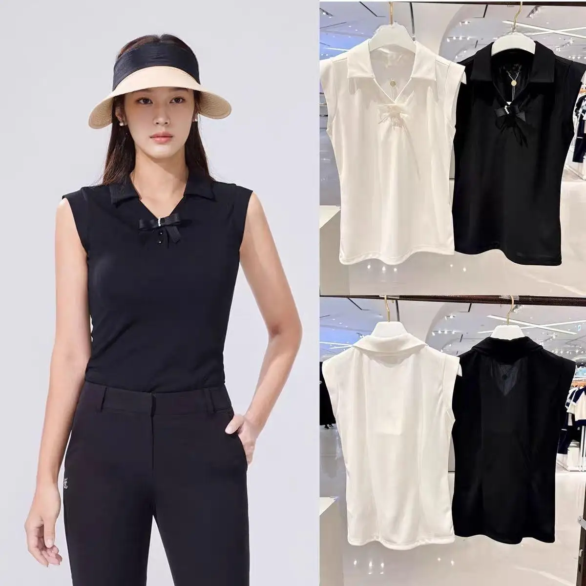 Top corto de punto tipo polo de golf sin mangas con solapa y lazo en blanco y negro para mujer, ideal para verano y deportes al aire libre.