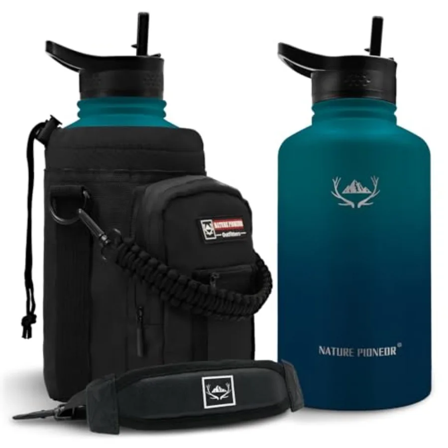 

Insulated Water Bottle - Double Vacuum Stainless Steel Half Gallon Water Bottle with Holder and 3 Leakproof, BPA Free Bottle Li