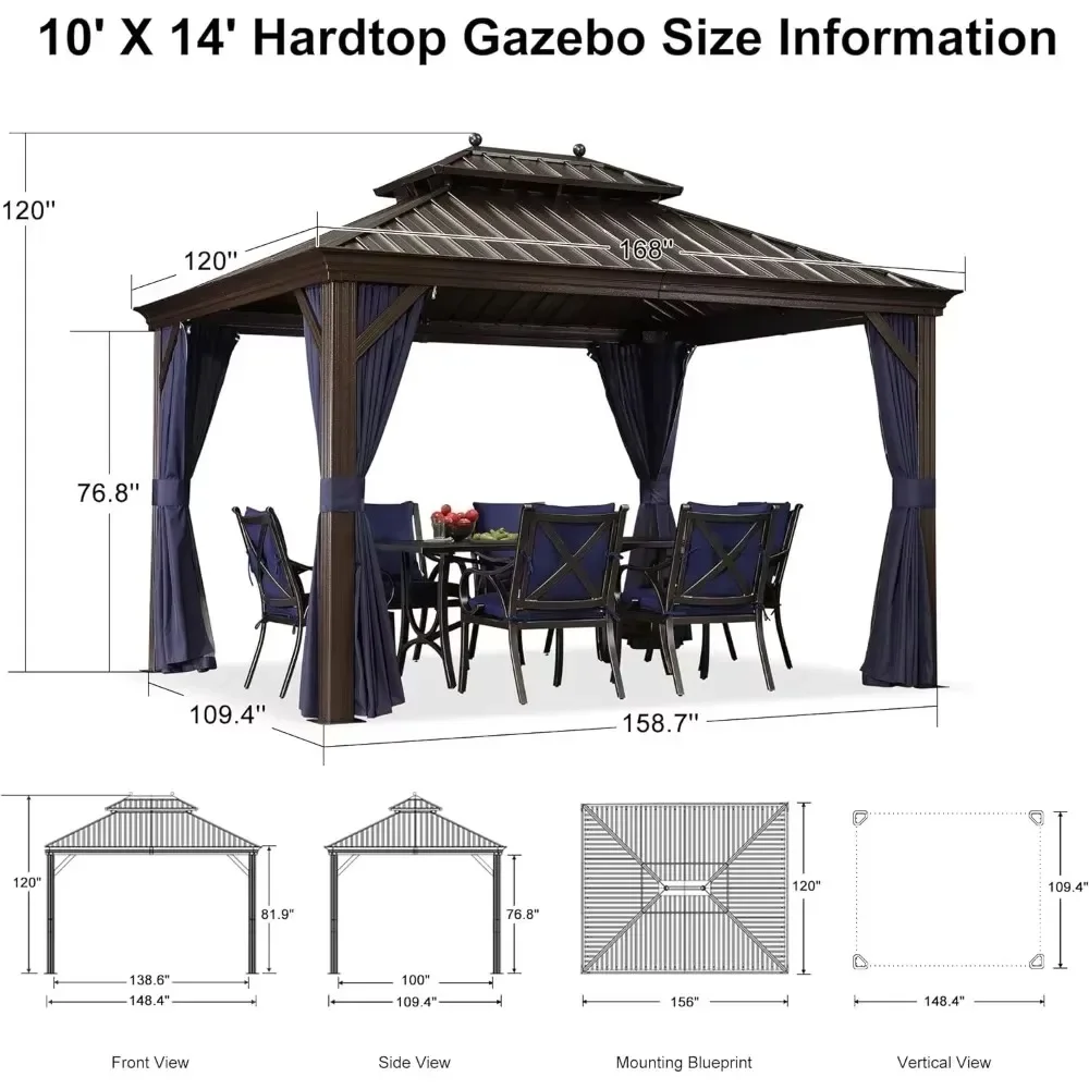 Hardtop Gazebo for Patio with Netting and Curtains Deck Backyard Heavy Duty Sunshade Metal Roof Outdoor Pavilion Canopy