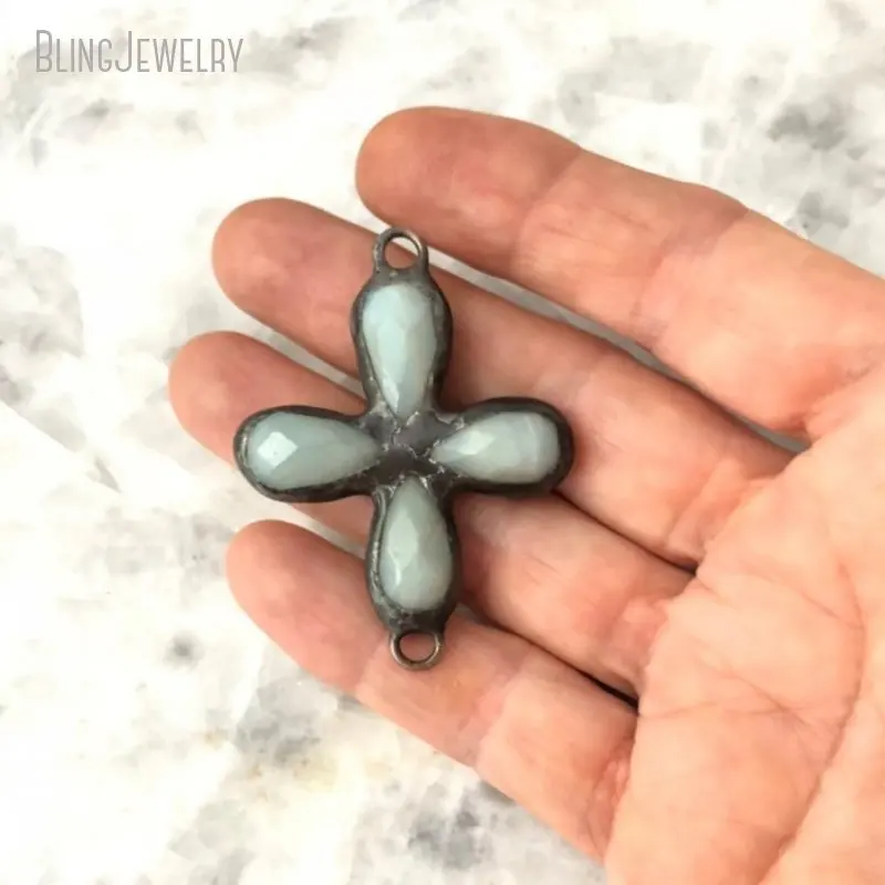 10pcs Amazonite Cross Pendant Aqua Teardrop Briolette Connector Soldered Handmade Lead Free Jewelry Charm