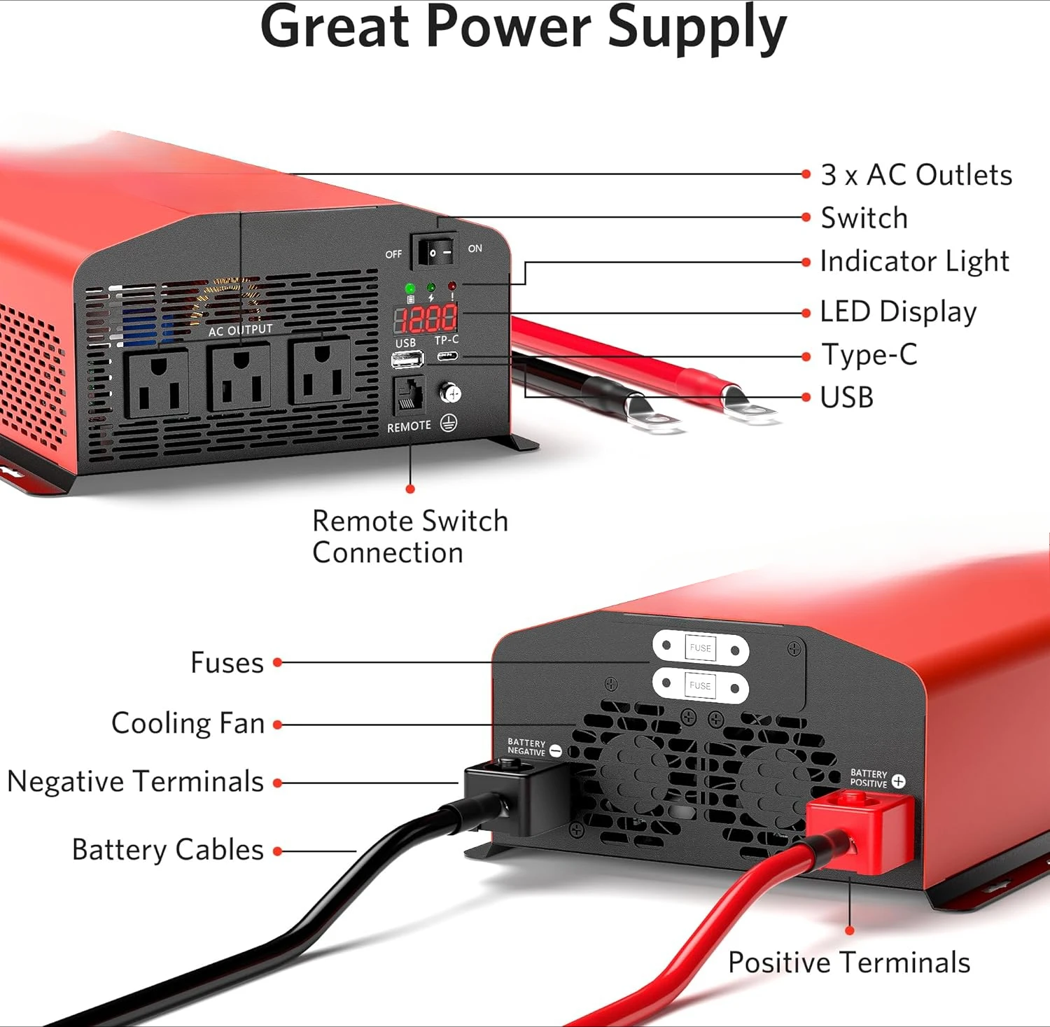 2000 Watt Pure Sine Wave Power Inverter 12V DC to 110V/120V AC Converter for Home, RV, Truck, Off-Grid Solar Power 3 AC