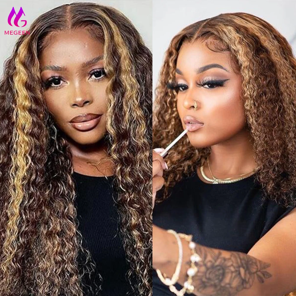 Megeen Water Wave 13X4 Lace Front Wigs P4/27 Highlight Transparent Lace Frontal Wigs Human Hair Honey Blonde Ombre Colored Wigs
