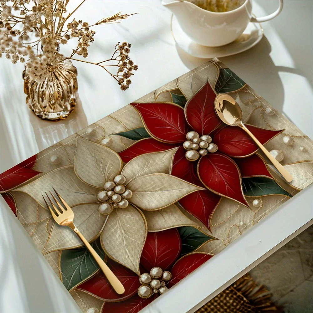 4pcs Christmas Floral Placemats - Red/Green Holly & Gold Utensil Design, Washable Polyester for Holiday Dining & Table Decor