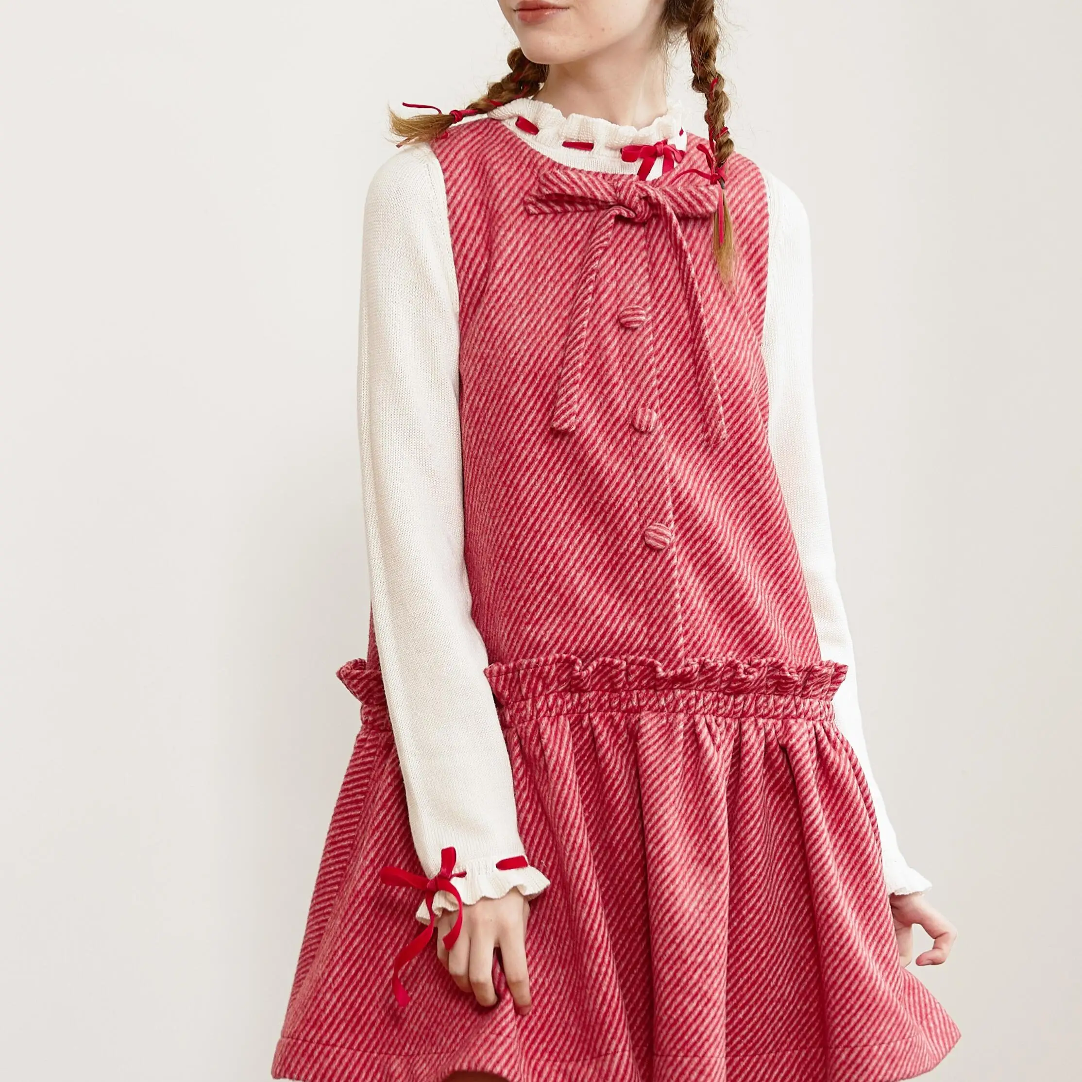 

Элегантный красно-белый жилет-юбка из смесовой шерсти с диагональными полосами, оригинальный дизайн, с кружевной отделкой, для женщин