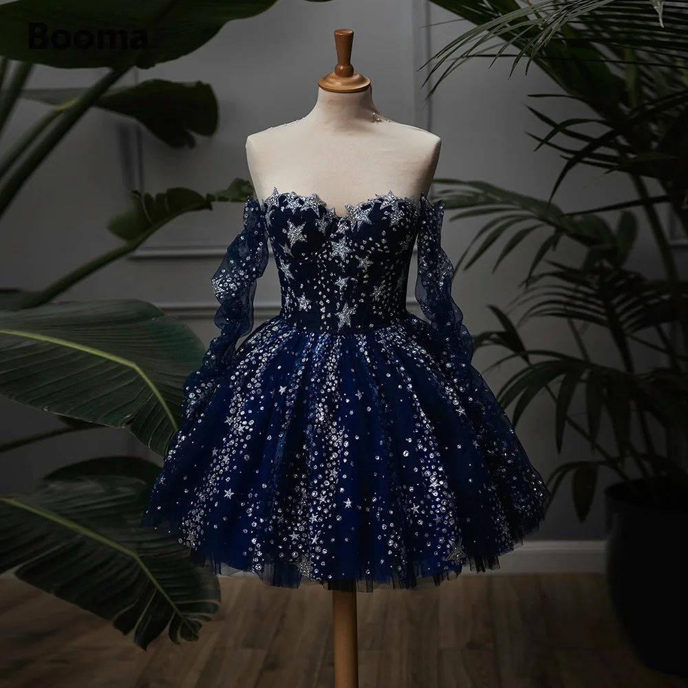 Booma Glitter Navy Blue Starry Tüll Mini Prom Kleider Schatz Lange Ärmel Über Knie A-linie Formale Abend Party Kleider