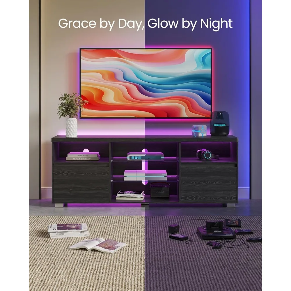 Suporte de TV com luzes LED para TVs de até 70 polegadas, centro de entretenimento com prateleiras de vidro abertas, 2 armários com portas, 63 polegadas Lo