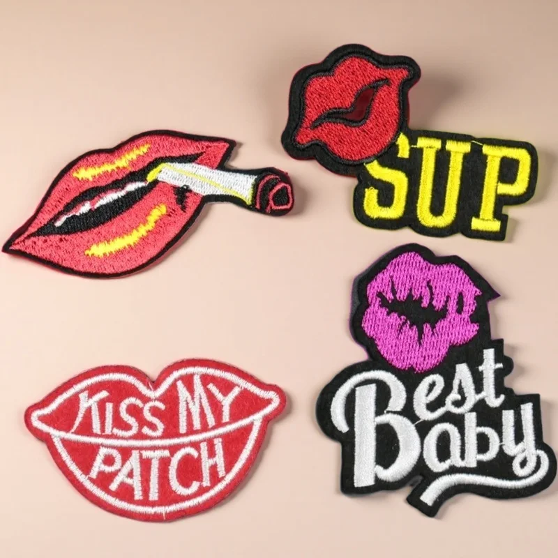 

European and American style lip embroidery sticker English smoking kiss kiss flame red lip clothing accessories adhesive backing