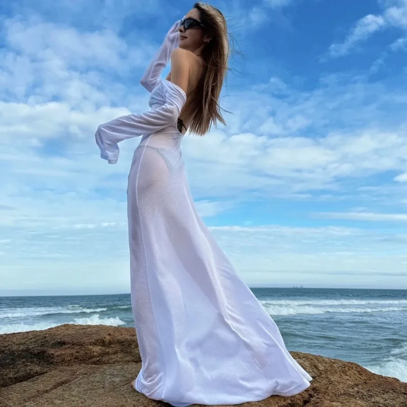 Vestido largo transparente sin espalda para mujer, elegante vestido de playa de cintura alta con manga larga empalmada blanca