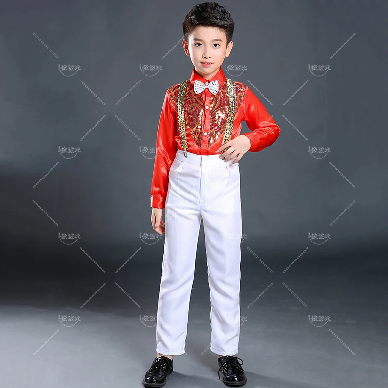 Boys Hip Hop Costume Sequin Shirts White Pants Suit Jazz Costumes Kids Stage Dancing Outfit Children Street Show Wear