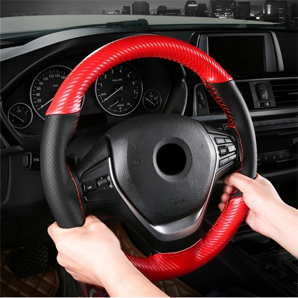 Leather Car Steering Wheel Cover Matte Carbon Fiber Car Steering Wheel Protector Braiding Cover Sewing Steering Wheel Universal