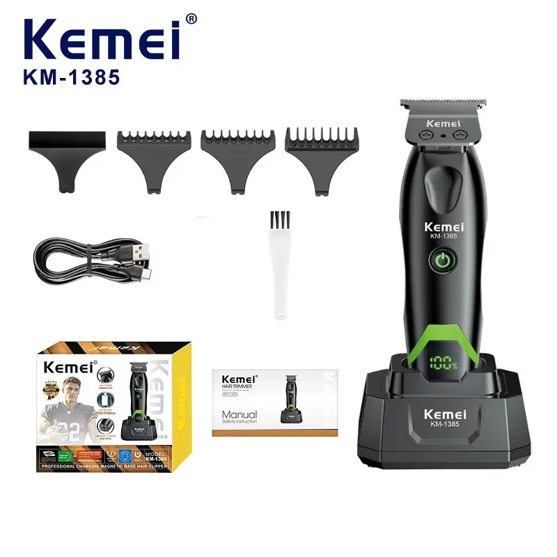 Kemei 1386 1385 Electric Hair Clipper 7500RPM Zero Gap Hair Trimmer Professional Hair Cutting Machine DLC Blade with Charge Base