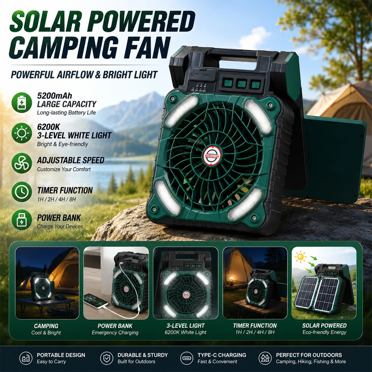 Dual solar panel outdoor camping fan light, foldable and portable USB fan, made of ABS material, supports dimming, speed adjustment, and timing functions, can provide emergency charging for mobile phones, suitable for use in camping, travel, RVs, fishing, and other scenarios