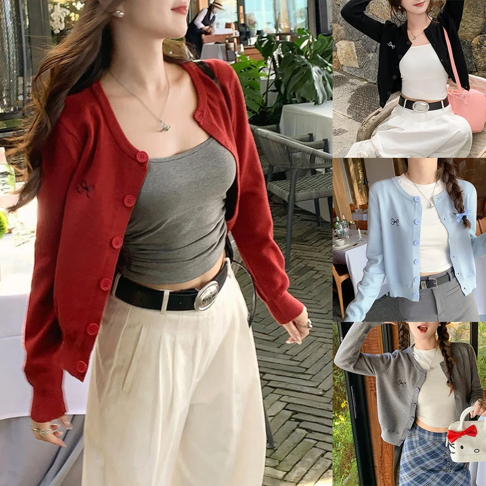 Pull à manches courtes brodé, haut décontracté, style décontracté, noir, pull décontracté toutes saisons, cardigan, col rond