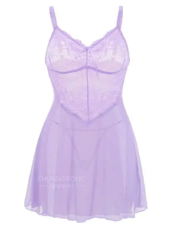 Sexy Purple Flower Print Bow Dress Lace Transparent Dress With Thong Backless Wrap Chest Suspenders Sleeveless Charming XDSC