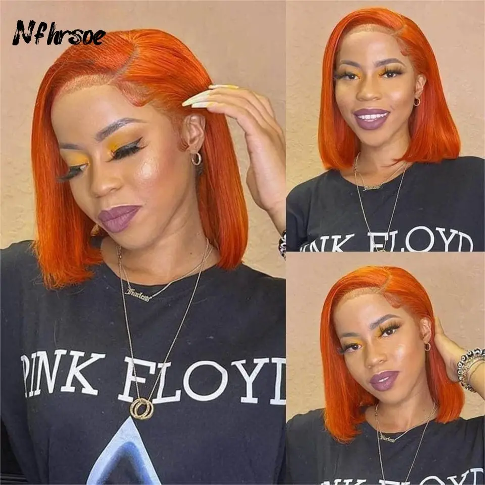 

Brazilian Colored Human Hair Wig Ginger Orange Straight Short Bob 13x4 Transparent HD Lace Frontal Wigs For Women Pre Plucked