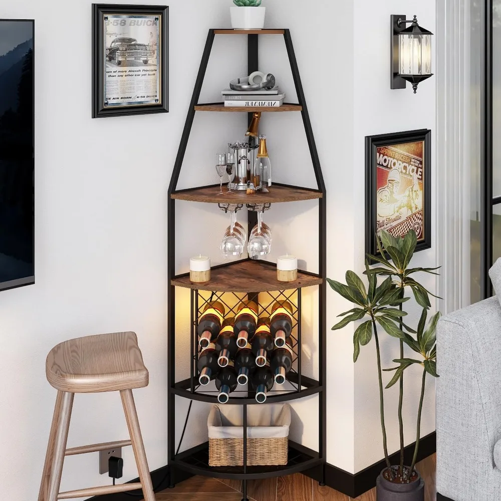 Rack de vinho de canto de 5 camadas com luz LED Rack de vinho de chão com suporte de vidro e garrafas de armazenamento de vinho Móveis de bar para casa fo