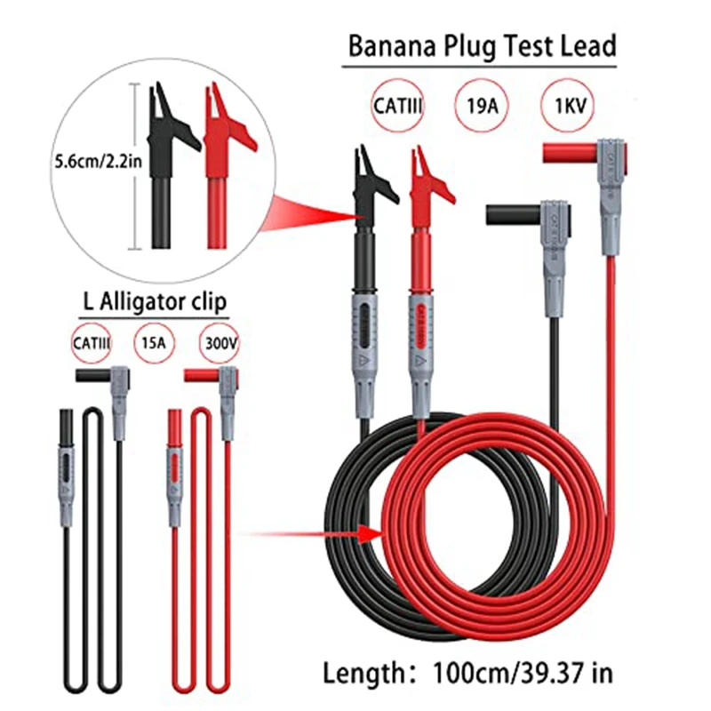 24 stuks multimeter meetsnoeren set met krokodillenklemmen, isolatie piercing testclip en testsondes 1000V 10A CAT III