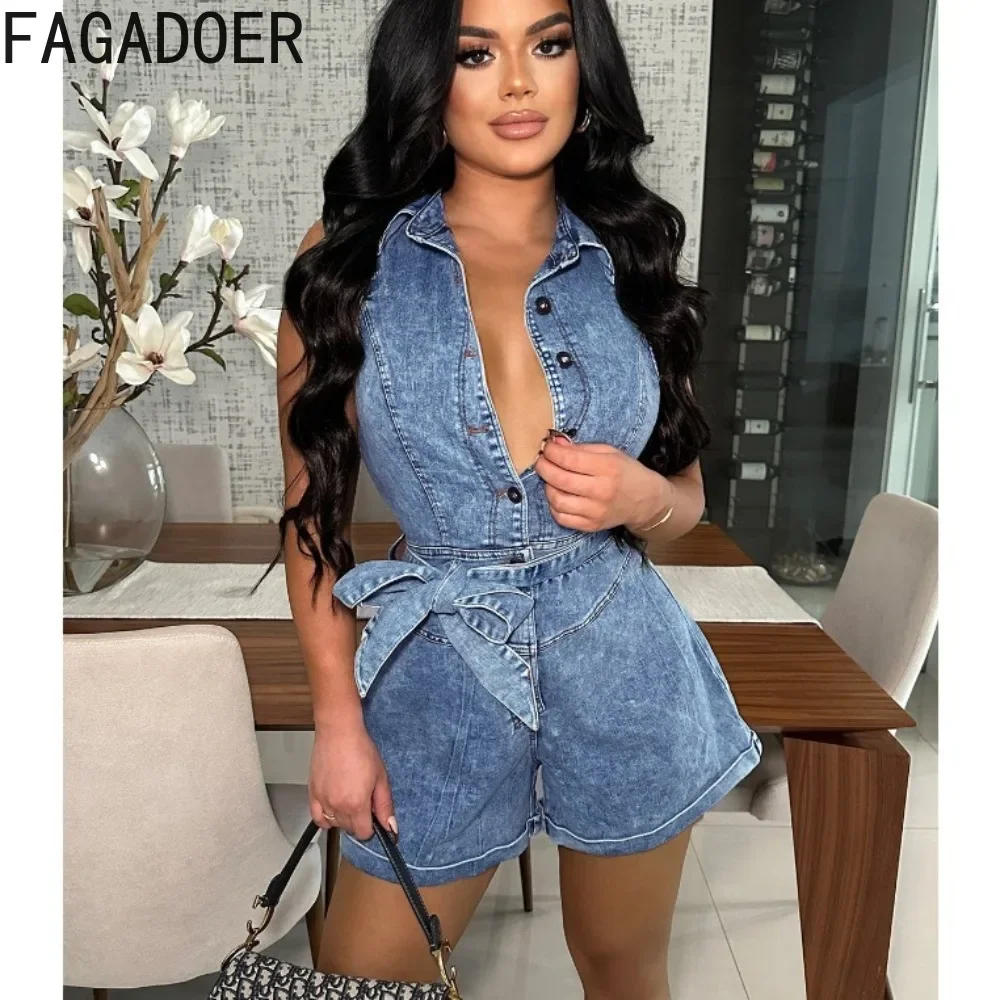 

FAGADOER Blue Fashion Denim Lace Up Button Rompers Women Turndown Collar Sleeveless Slim Jumpsuits Summer New Cowboy Overalls