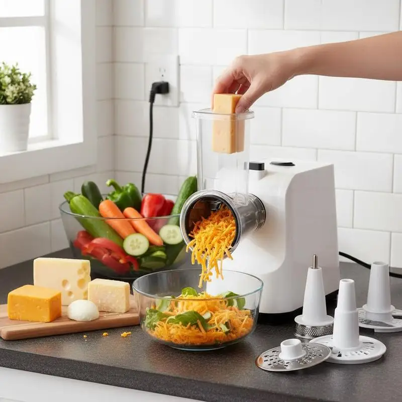 

Vegetable Slicer Shredder 7.5x5.9x11.2 Inches For Home Kitchen, Party Preparation, Salad Making, 200W Power 5 Cone Attachments One-Button Operation Professional Food Cutter Vegetable Fruits Cheese Utility Tool