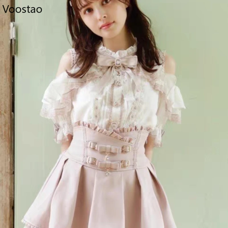 Gothic Lolita Blouses Women Sweet Bow Off Shoulder JK Shirt Japanese Girls Elegant Love Heart Lace Ruffles Blusas Mujer Tops