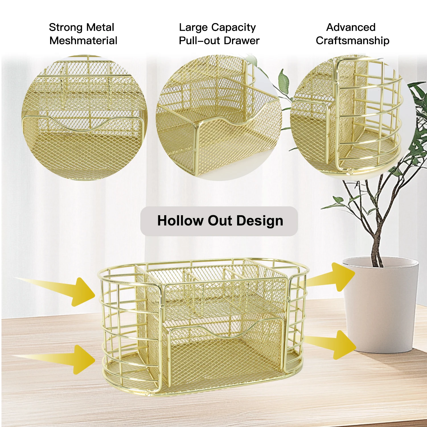 Juego de organizador de escritorio dorado, portalápices de Metal grande con accesorios, vaso para brochas de maquillaje de acero inoxidable duradero, oficina multiusos