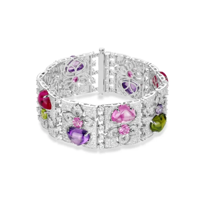Bellux 925 Silver Synthetic Zircon Bracelet Colored Gemstone Peach Heart Red Purple Vintage Fashion Wide Version Candy Bracelet