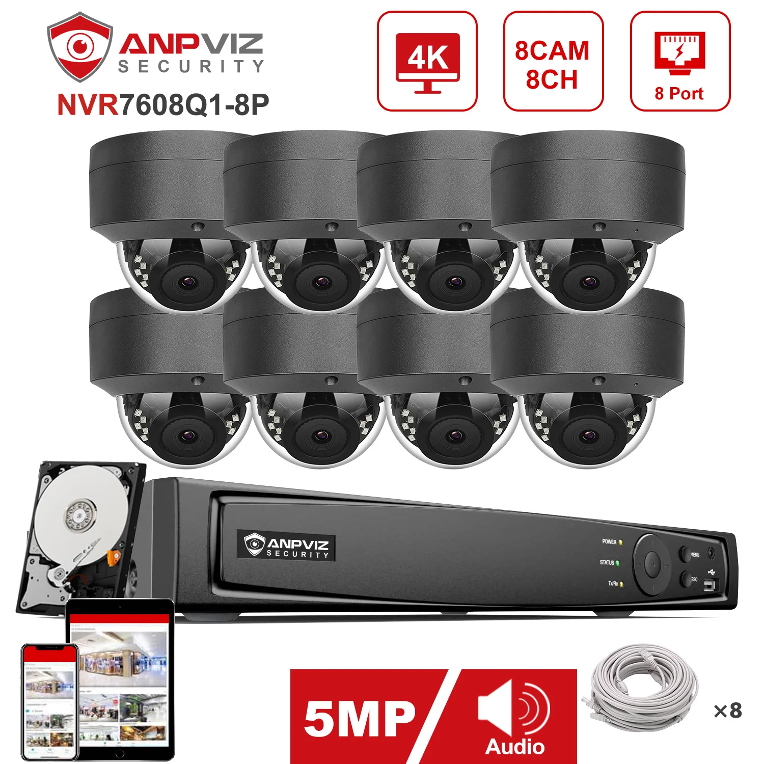 Anpviz 8CH 4K NVR 5MP POE IP Security Camera Video Security Surveillance Audio Outdoor IP Security Kit IP66  30m IR P2P View