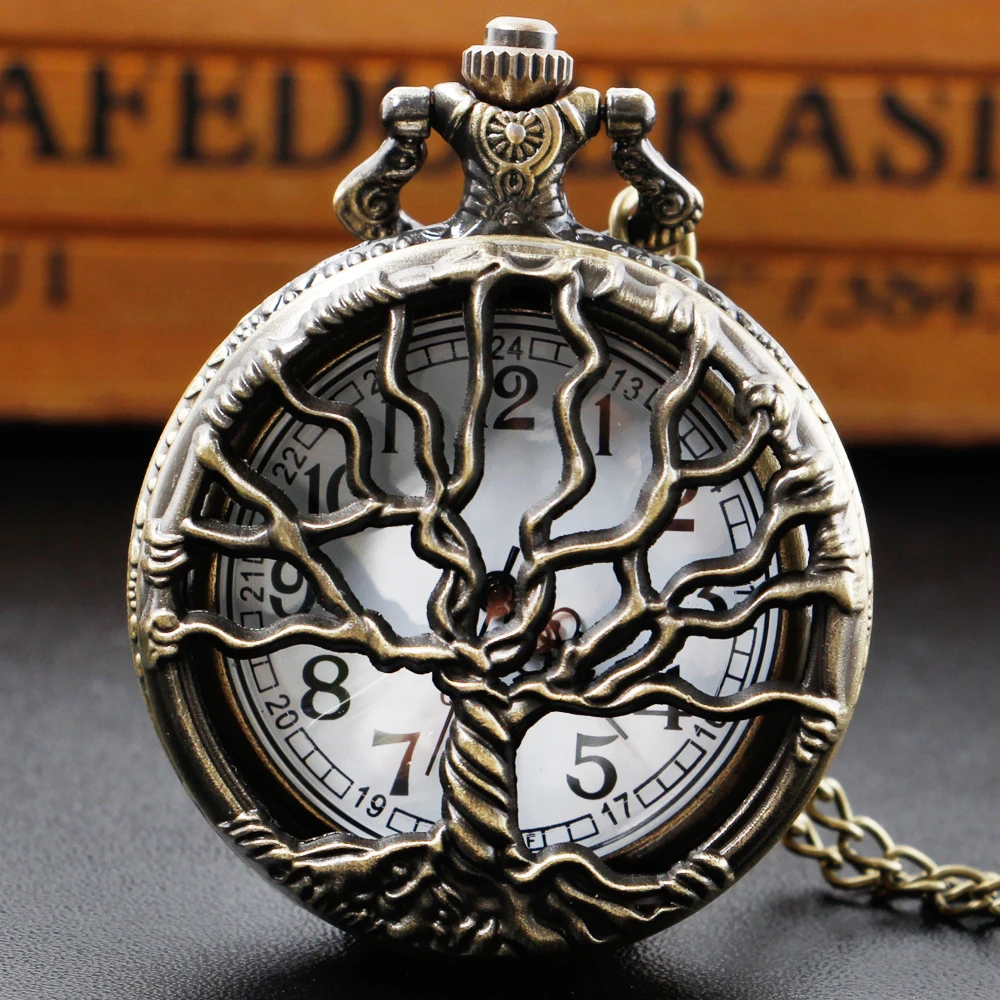 Vintage Exquisite Tree Pattern Hollow Design Quartz Pocket Watch Necklace Pendant Gifts For Man with Fob Chain