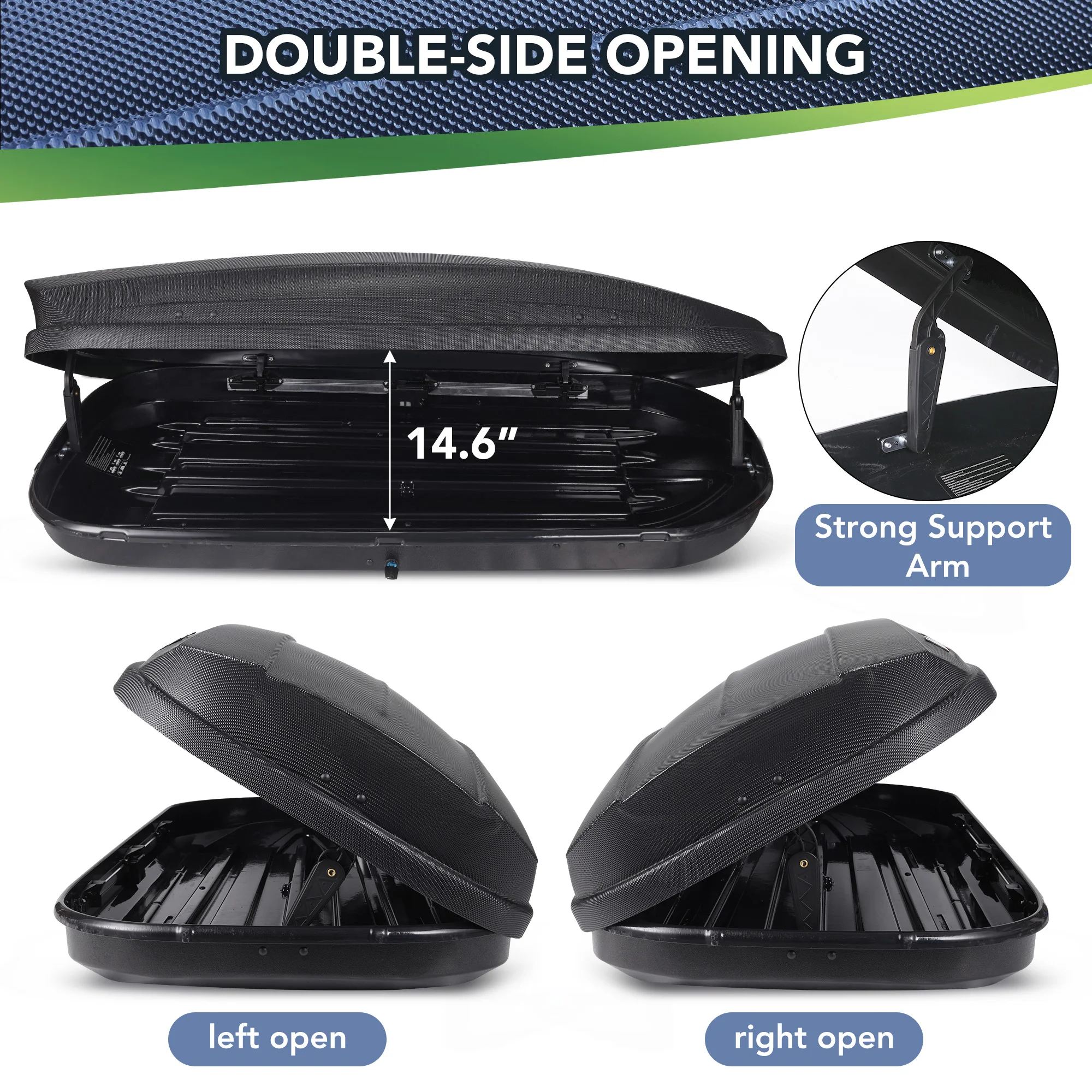 Car RV Rooftop Cargo Box, doppelseitige Öffnung, wasserdicht, UV-beständig, ABS, 165 Pfund Kapazität, Schnellverbindung, Anker, Riemen und Schlüssel