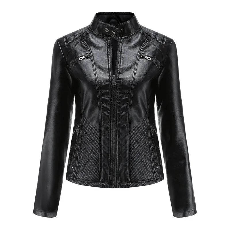 Women Coat Spring Autumn New Casual Leather Jacket Standing Collar Long Sleeve Jacket Slim Solid Color Zip Coats Commute Jacket
