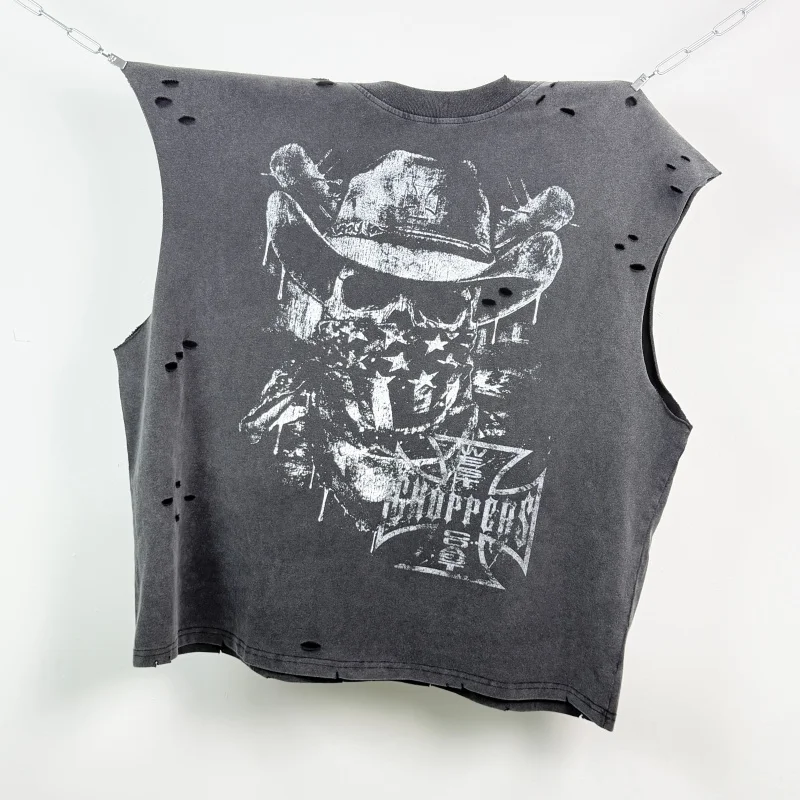 27SS Post-Apocalyptic Ghost Rider Heavyweight Washed Vest Black Distressed West Coast Sleeveless T-Shirt