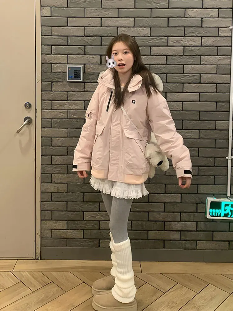 

Корейская утепленная куртка-пуховик в стиле школьной формы, розовая, для женщин, зимняя, свободного кроя, теплая, хлопковая, для похудения, верхняя одежда