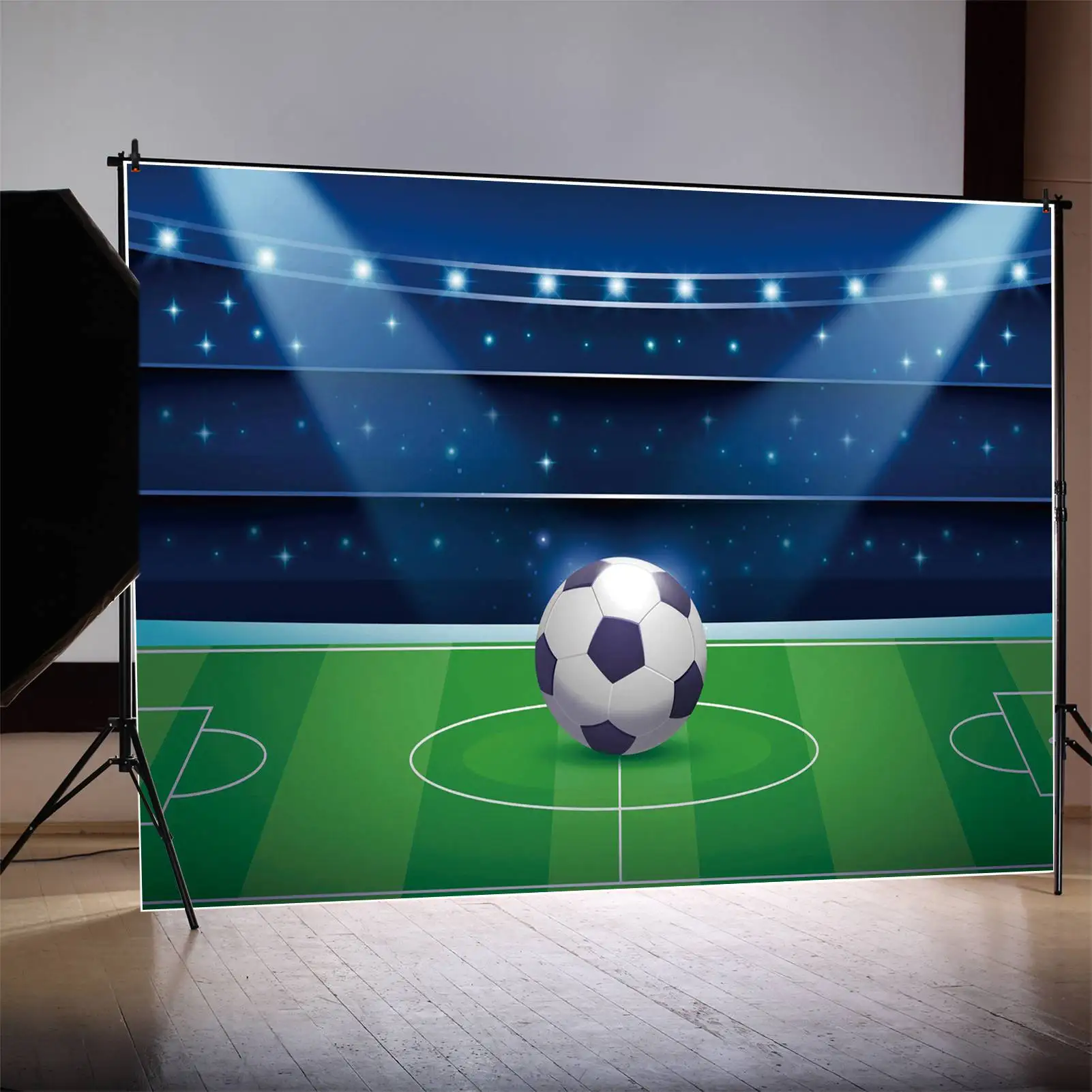 Moon.qg ฉากหลังสนามฟุตบอลสีฟ้าและสีเขียวพื้นหลังงานปาร์ตี้วันเกิดปรับแต่งผนังหญ้าภาพพื้นบูธ